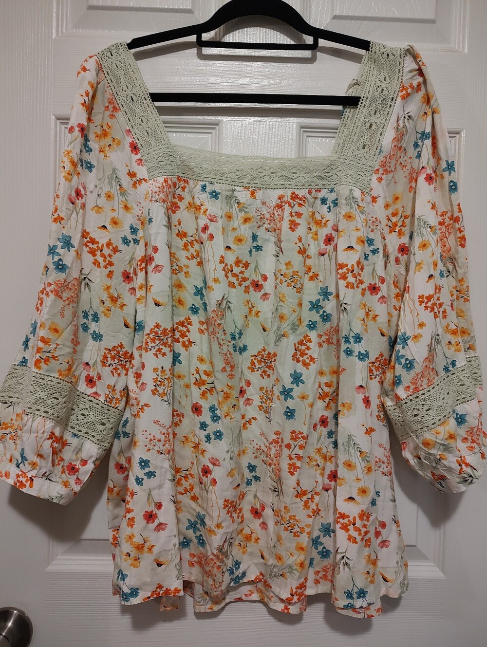 Cato White Floral Square-Neck Tunic with Orange & Teal Flowers